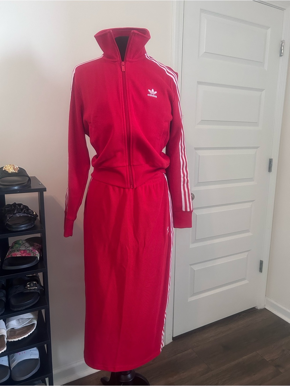 Adidas Women's Red Knit Track Jacket & Skirt Set